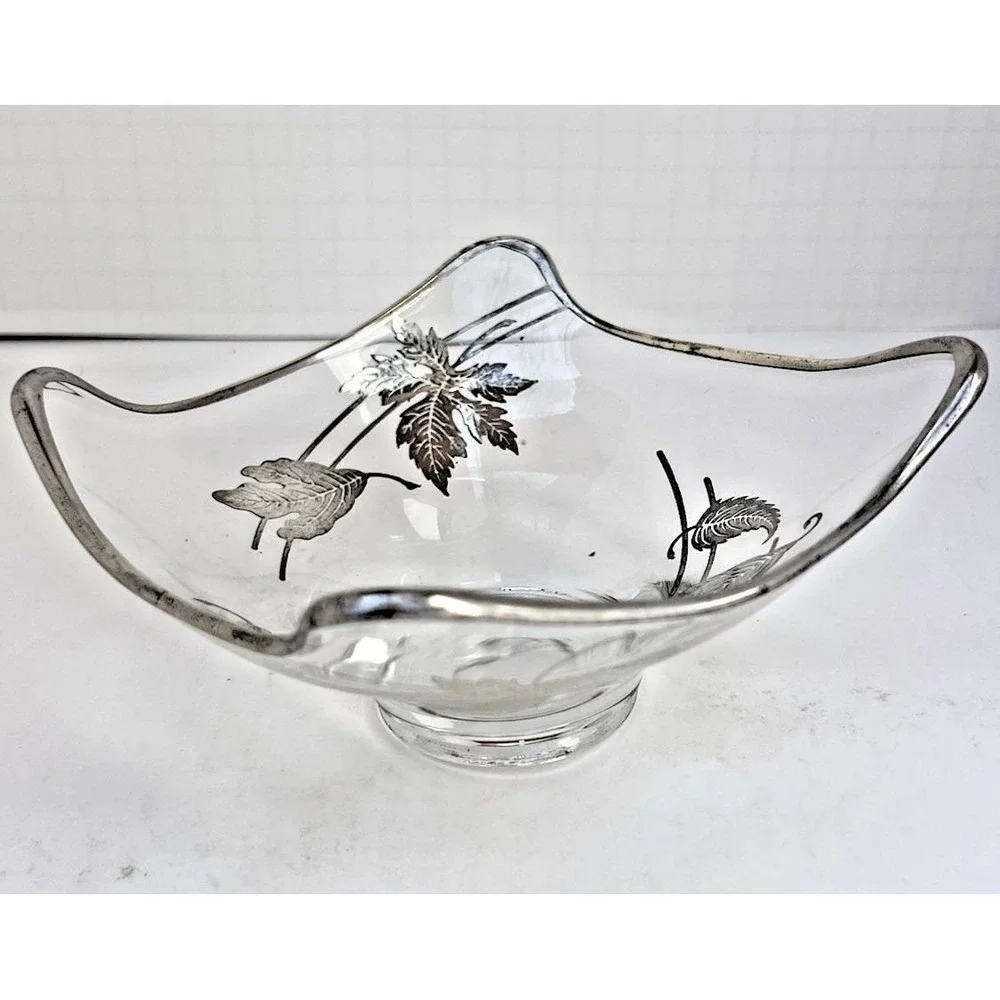 Candy Dish Etched Glass Silver Leaf Pedestal Stand Mid Century Modern Vintage